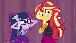 Size: 1280x720 | Tagged: safe, screencap, character:sunset shimmer, character:twilight sparkle, character:twilight sparkle (scitwi), species:eqg human, episode:stressed in show, g4, my little pony:equestria girls, geode of telekinesis, magical geodes