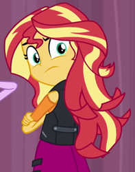 Size: 568x720 | Tagged: safe, screencap, character:sunset shimmer, episode:stressed in show, g4, my little pony:equestria girls, angry, cropped, female, looking at you, looking back, solo, sunset shimmer is not amused, unamused