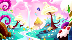 Size: 1440x813 | Tagged: safe, screencap, character:princess luna, character:rainbow dash, species:alicorn, species:pegasus, species:pony, episode:do princesses dream of magic sheep?, dream, dream walker luna, ethereal mane, female, flower, flying, mare, nightmare, nightmare sunflower, pink sky, scenery, sunflower, tree