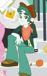 Size: 530x851 | Tagged: safe, screencap, character:scott green, episode:queen of clubs, g4, my little pony:equestria girls, background human, clothing, cropped, hat, looking at you, male, pants, scott green, shoes, smiling, yarn, yarn ball