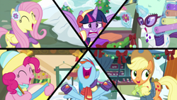 Size: 1280x720 | Tagged: safe, screencap, character:applejack, character:fluttershy, character:pinkie pie, character:rainbow dash, character:rarity, character:twilight sparkle, character:twilight sparkle (alicorn), species:alicorn, species:pony, episode:best gift ever, g4, my little pony: friendship is magic, applejack's hat, batter, clothing, cowboy hat, earmuffs, fabric, flower, food, glasses, hat, mane six, scarf, snow, stetson