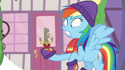 Size: 1280x720 | Tagged: safe, screencap, character:discord, character:rainbow dash, species:pegasus, species:pony, episode:best gift ever, g4, my little pony: friendship is magic, candle, candlestick, clothing, discord candle, duo, female, hat, living object, mare, scarf