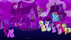 Size: 1440x810 | Tagged: safe, screencap, character:applejack, character:berry punch, character:berryshine, character:cherry berry, character:fluttershy, character:pinkie pie, character:rainbow dash, character:rarity, character:twilight sparkle, character:twilight sparkle (alicorn), species:alicorn, species:earth pony, species:pegasus, species:pony, species:unicorn, episode:do princesses dream of magic sheep?, balloon punch, dream, female, headless, living object, mane six, mare, modular, night, ponyville, rowboat, shared dream, the lone lampman