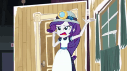 Size: 1280x720 | Tagged: safe, screencap, character:rarity, episode:opening night, g4, my little pony:equestria girls, accent, animated, apron, clothing, club can't handle me, context is for the weak, cute, dancing, dancity, disco dance, frown, grin, gritted teeth, hat, headlamp, helmet, miner, mining helmet, open mouth, rarara, raribetes, selfie soot, smiling, solo, sound, wat, webm, wide eyes