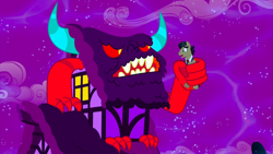 Size: 1440x810 | Tagged: safe, screencap, character:filthy rich, species:pony, episode:do princesses dream of magic sheep?, colored sclera, dream, horns, house, male, monster, monster house, night, nightmare, open mouth, red sclera, stallion