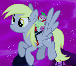 Size: 866x752 | Tagged: safe, screencap, character:derpy hooves, character:spike, species:anthro, species:dragon, species:pegasus, species:pony, episode:do princesses dream of magic sheep?, anthro with ponies, beefspike, cropped, derpysaur, dragons riding ponies, dream, duo, female, flying, giant derpy hooves, giant pony, giantess, macro, male, mare, night, ponyville, riding, shared dream