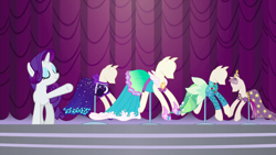 Size: 1440x810 | Tagged: safe, screencap, character:rarity, species:pony, episode:canterlot boutique, g4, my little pony: friendship is magic, clothing, dress, eyes closed, female, in-spire-ation, mare, over the moon, ponyquin, raised hoof, solo, tripping the light, water filly