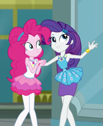 Size: 783x951 | Tagged: safe, screencap, character:pinkie pie, character:rarity, episode:super squad goals, g4, my little pony:equestria girls, canterlot city, clothing, cropped, female, geode of shielding, geode of sugar bombs, hairband, magical geodes, pantyhose, skirt