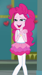 Size: 483x859 | Tagged: safe, screencap, character:pinkie pie, episode:super squad goals, g4, my little pony:equestria girls, canterlot city, clothing, cropped, female, hairband, heart, pantyhose, skirt