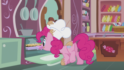 Size: 1920x1080 | Tagged: safe, screencap, character:pinkie pie, species:earth pony, species:pony, episode:the lost treasure of griffonstone, g4, my little pony: friendship is magic, chef's hat, clothing, female, hat, mare, mouth hold, plot, solo