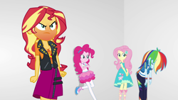 Size: 1920x1080 | Tagged: safe, screencap, character:fluttershy, character:pinkie pie, character:rainbow dash, character:sunset shimmer, equestria girls:rollercoaster of friendship, g4, my little pony:equestria girls, angry, geode of empathy, geode of fauna, geode of sugar bombs, geode of super speed, magical geodes, red face, sudden realization, sunset shimmer is not amused, unamused