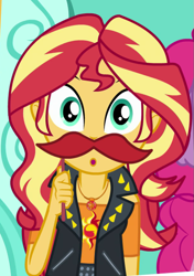 Size: 605x857 | Tagged: safe, screencap, character:sunset shimmer, equestria girls:rollercoaster of friendship, g4, my little pony:equestria girls, cropped, fake moustache, geode of empathy, magical geodes, offscreen character