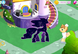 Size: 1246x869 | Tagged: safe, gameloft, screencap, character:donut joe, character:tantabus, species:pony, species:unicorn, canterlot, clothing, ethereal mane, gem, solo focus
