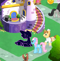 Size: 657x670 | Tagged: safe, gameloft, screencap, character:donut joe, character:lotus blossom, character:octavia melody, character:tantabus, species:earth pony, species:pony, species:unicorn, canterlot, ethereal mane, gameloft shenanigans, group, lying down