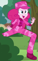 Size: 417x674 | Tagged: safe, screencap, character:pinkie pie, episode:pinkie spy, equestria girls:friendship games, g4, my little pony:equestria girls, camouflage, jazz hands, long legs, outfit catalog, solo