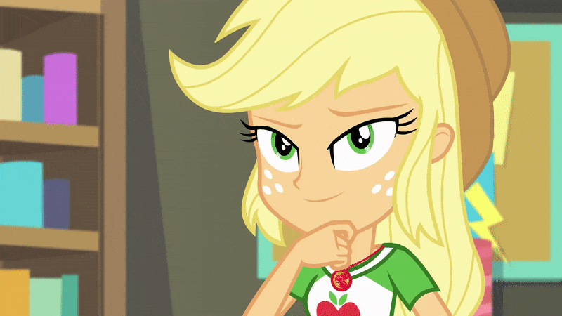 Size: 800x450 | Tagged: safe, screencap, character:applejack, equestria girls:rollercoaster of friendship, g4, my little pony:equestria girls, animated, geode of super strength, gif, hand on chin, magical geodes, one eye closed, solo, thumbs up, wink