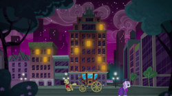 Size: 1440x809 | Tagged: safe, screencap, character:viola, species:earth pony, species:pony, episode:made in manehattan, g4, my little pony: friendship is magic, apartment complex, b. sharp, background pony, bronclyn, building, carriage, city, coach, coco's apartment building, female, lights, male, manehattan, mare, night, pegasus olsen, peggy holstein, stallion, unnamed pony