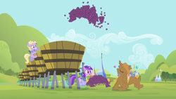 Size: 1920x1080 | Tagged: safe, screencap, character:amethyst star, character:dinky hooves, character:merry may, character:minuette, character:rarity, character:sparkler, character:twinkleshine, character:white lightning, species:pony, species:unicorn, episode:sisterhooves social, g4, my little pony: friendship is magic, applejack's hat, australia, clothing, covered in mud, cowboy hat, eyes closed, female, filly, foal, food, grapes, hat, mare