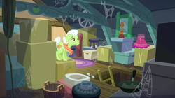 Size: 1440x808 | Tagged: safe, screencap, character:granny smith, species:earth pony, species:pony, episode:brotherhooves social, g4, my little pony: friendship is magic, attic, box, clutter, female, frying pan, ladder, mare, solo, spider web, yoke