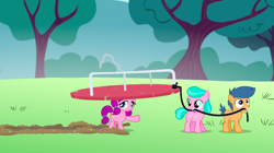 Size: 1440x807 | Tagged: safe, screencap, character:aquamarine, character:first base, character:lily longsocks, species:earth pony, species:pony, episode:crusaders of the lost mark, g4, my little pony: friendship is magic, background pony, colt, female, filly, foal, male, merry-go-round, mouth hold, raised hoof, super strength, trio