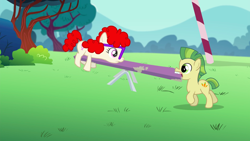 Size: 1440x810 | Tagged: safe, screencap, character:carrot crunch, character:twist, species:earth pony, species:pony, episode:crusaders of the lost mark, g4, my little pony: friendship is magic, colt, duo, eye contact, female, filly, frown, looking at each other, male, mouth hold, nom, seesaw, stronk, super strength, walking, wide eyes