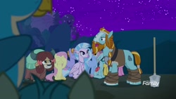 Size: 1920x1080 | Tagged: safe, screencap, character:fluttershy, character:gallus, character:ocellus, character:rockhoof, character:sandbar, character:silverstream, character:smolder, character:yona, species:changedling, species:changeling, species:classical hippogriff, species:earth pony, species:griffon, species:hippogriff, species:pegasus, species:pony, species:reformed changeling, species:yak, episode:a rockhoof and a hard place, g4, my little pony: friendship is magic, bow, braid, cloven hooves, colored hooves, covering eyes, female, hair bow, hoof wraps, jewelry, male, mare, monkey swings, necklace, night, rockhoof's shovel, shovel, stallion, teenager