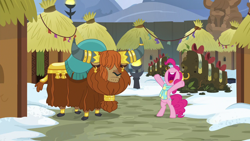 Size: 1280x720 | Tagged: safe, screencap, character:pinkie pie, character:prince rutherford, species:earth pony, species:pony, species:yak, episode:best gift ever, g4, my little pony: friendship is magic, cloven hooves, duo, ear piercing, earring, female, hair over eyes, horn ring, jewelry, male, mare, moss pile, piercing, rearing, yakyakistan