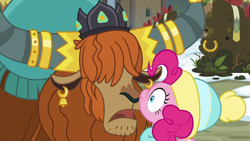 Size: 1280x720 | Tagged: safe, screencap, character:pinkie pie, character:prince rutherford, species:pony, species:yak, episode:best gift ever, g4, my little pony: friendship is magic, bell, clothing, crown, duo, ear piercing, earring, female, hair over eyes, hat, horn ring, jewelry, male, mare, nose to nose, nose wrinkle, piercing, regalia