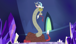 Size: 1387x809 | Tagged: safe, screencap, character:discord, species:draconequus, episode:what about discord?, g4, my little pony: friendship is magic, hisscord, male, rattlesnake, snake, solo, tongue out, twilight's castle