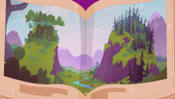 Size: 1440x810 | Tagged: safe, screencap, episode:the hooffields and mccolts, g4, my little pony: friendship is magic, book, forest, illustration, mountain, no pony, open book, pine tree, river, smokey mountains, tree, valley