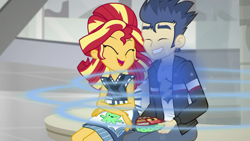 Size: 1921x1080 | Tagged: safe, screencap, character:flash sentry, character:sunset shimmer, episode:good vibes, eqg summertime shorts, g4, my little pony:equestria girls, duo, female, happy, male, one eye closed, shipping fuel, smiling, sunset sushi