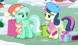 Size: 347x203 | Tagged: safe, screencap, character:bon bon, character:lyra heartstrings, character:sweetie drops, species:earth pony, species:pony, species:unicorn, episode:best gift ever, g4, my little pony: friendship is magic, cropped, present