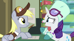 Size: 1280x720 | Tagged: safe, screencap, character:derpy hooves, character:rarity, species:pony, episode:best gift ever, g4, my little pony: friendship is magic, cash register, post office, present