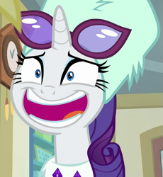 Size: 661x718 | Tagged: safe, screencap, character:rarity, species:pony, species:unicorn, episode:best gift ever, g4, my little pony: friendship is magic, awkward smile, cropped, faec, female, mare, nervous, open mouth, post office, solo, sunglasses
