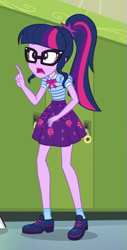 Size: 321x630 | Tagged: safe, screencap, character:twilight sparkle, character:twilight sparkle (scitwi), species:eqg human, episode:stressed in show, g4, my little pony:equestria girls, clothing, cropped, geode of telekinesis, glasses, legs, lockers, magical geodes, ponytail, shoes, skirt, solo, stressed in show: pinkie pie