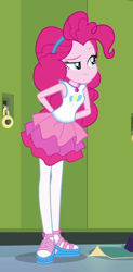 Size: 308x625 | Tagged: safe, screencap, character:pinkie pie, episode:stressed in show, g4, my little pony:equestria girls, arm behind back, clothing, cropped, cute, female, geode of sugar bombs, hairband, magical geodes, pantyhose, sandals, skirt, smiling, stressed in show: pinkie pie