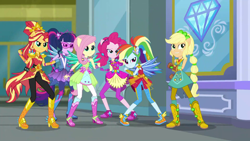 Size: 1920x1080 | Tagged: safe, screencap, character:applejack, character:fluttershy, character:pinkie pie, character:rainbow dash, character:sunset shimmer, character:twilight sparkle, character:twilight sparkle (scitwi), species:eqg human, episode:super squad goals, g4, my little pony:equestria girls, crystal guardian, geode of empathy, geode of sugar bombs, geode of super speed, geode of super strength, geode of telekinesis, magical geodes, ponied up