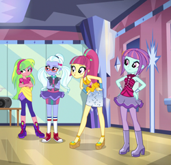 Size: 1105x1069 | Tagged: safe, screencap, character:lemon zest, character:sour sweet, character:sugarcoat, character:sunny flare, equestria girls:dance magic, g4, my little pony:equestria girls, boots, clothing, converse, cropped, crystal prep shadowbolts, female, glasses, headphones, high heel boots, pigtails, ponytail, quartet, shoes, sleeveless, sneakers, street ballet tutu, twintails