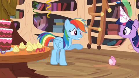 Size: 480x270 | Tagged: safe, screencap, character:rainbow dash, character:twilight sparkle, character:twilight sparkle (alicorn), species:alicorn, species:pony, episode:daring don't, g4, my little pony: friendship is magic, animated, cake, food, gif, golden oaks library, ladder