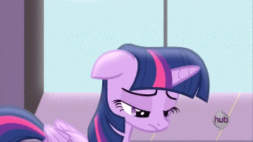 Size: 359x202 | Tagged: safe, screencap, character:applejack, character:twilight sparkle, character:twilight sparkle (alicorn), species:alicorn, species:earth pony, species:pony, episode:princess twilight sparkle, g4, my little pony: friendship is magic, animated, duo, floppy ears, gif, hub logo, looking at each other