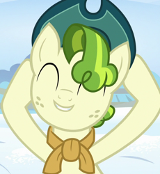Size: 660x716 | Tagged: safe, screencap, character:pistachio, species:earth pony, species:pony, episode:best gift ever, g4, my little pony: friendship is magic, clothing, cropped, cute, eyes closed, hat, male, pistachiaww, solo