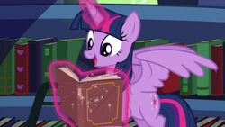 Size: 1280x720 | Tagged: safe, screencap, character:twilight sparkle, character:twilight sparkle (alicorn), species:alicorn, species:pony, episode:best gift ever, g4, my little pony: friendship is magic, adorkable, book, bookshelf, cute, dork, flying, ladder, magic, magic aura, reading, smiley faceing, solo, that pony sure does love books