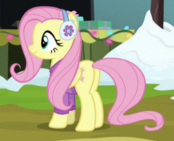 Size: 418x337 | Tagged: safe, screencap, character:fluttershy, species:pegasus, species:pony, episode:best gift ever, g4, my little pony: friendship is magic, clothing, cropped, cute, earmuffs, female, mare, plot, shyabetes, smiling, solo, sweater