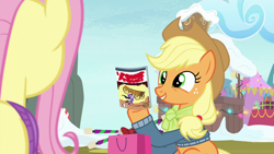 Size: 1280x720 | Tagged: safe, screencap, character:applejack, character:fluttershy, species:pony, episode:best gift ever, g4, my little pony: friendship is magic, comic book, happy face