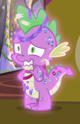 Size: 436x672 | Tagged: safe, screencap, character:spike, species:dragon, episode:best gift ever, g4, my little pony: friendship is magic, awkward smile, cropped, glitter, male, solo focus, tail, winged spike