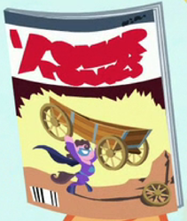 Size: 935x1108 | Tagged: safe, screencap, species:earth pony, species:pony, episode:best gift ever, episode:power ponies, g4, my little pony: friendship is magic, action comics #1, cape, cart, clothing, comic book, cropped, female, mare, mask, supermare, unnamed pony, written equestrian