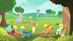 Size: 1366x768 | Tagged: safe, screencap, character:applejack, character:gallus, character:ocellus, character:rainbow dash, character:sandbar, character:silverstream, character:smolder, character:yona, species:changedling, species:changeling, species:classical hippogriff, species:dragon, species:earth pony, species:griffon, species:hippogriff, species:pegasus, species:pony, species:reformed changeling, species:yak, episode:non-compete clause, g4, my little pony: friendship is magic, apple tree, board, bow, cloven hooves, construction, dragoness, female, field, flying, hair bow, hard hat, hat, helmet, male, mare, monkey swings, mouth hold, paintbrush, saw, student six, teenager, tree