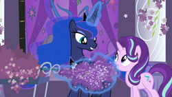 Size: 1280x720 | Tagged: safe, screencap, character:princess luna, character:starlight glimmer, species:alicorn, species:pony, species:unicorn, episode:a royal problem, g4, my little pony: friendship is magic, canterlot castle, cart, cute, female, flower, jewelry, lavender, levitation, looking at each other, magic, mare, night, peytral, pillar, regalia, smiling, stained glass, telekinesis, that pony sure does love lavender