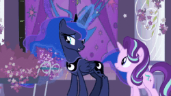 Size: 1280x720 | Tagged: safe, screencap, character:princess luna, character:starlight glimmer, species:pony, episode:a royal problem, g4, my little pony: friendship is magic, animated, canterlot castle, cart, cute, flower, lavender, levitation, magic, night, pillar, smiling, sniffing, sound, stained glass, telekinesis, that pony sure does love lavender, webm