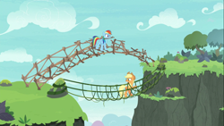 Size: 1366x768 | Tagged: safe, screencap, character:applejack, character:rainbow dash, species:earth pony, species:pegasus, species:pony, episode:non-compete clause, g4, my little pony: friendship is magic, breaking the laws of physics, bridge, cartoon physics, cliff, duo, female, mare, mouth hold, ravine, rope bridge, stick, this will end in tears, vine
